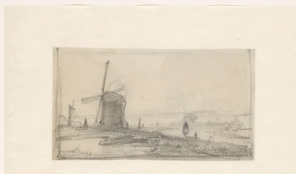 Skizze einer Landschaft mit einer Mühle links