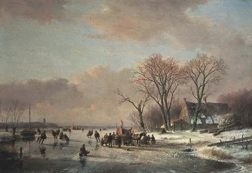 Winterflusslandschaft mit zahlreichen Schlittschuhläufern