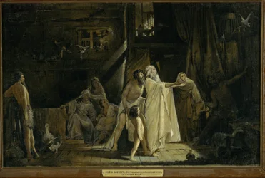 Blick in das Innere der Arche Noah. Die Taube bringt Noah nach der Sintflut einen Olivenzweig zurück, als Zeichen dafür, dass das Wasser zurückgeht.