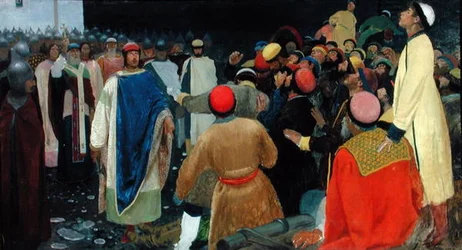 Graf Gleb tötet einen Magier bei der Nowgoroder Versammlung