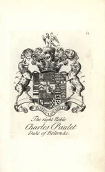 Wappen und Wappenschild des hochadeligen Charles Powlett, 3. Herzog von Bolton