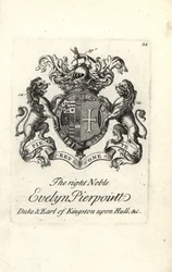 Wappen und Wappenschild des hochadeligen Evelyn Pierpoint, Herzog und Graf von Kingston upon Hull