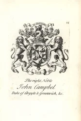 Wappen und Wappenschild des hochadligen John Campbell, 2. Herzog von Argyll und Greenwich
