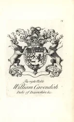 Wappen und Wappenschild des hochadligen William Cavendish, 2. Herzog von Devonshire