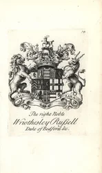 Wappen und Wappenschild des hochadligen Wriothesley Russell, 3. Herzog von Bedford