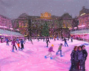 Weihnachtsschlittschuhlaufen, Somerset House mit rosa Lichtern, 2014