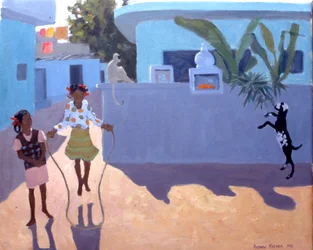 Mädchen beim Seilspringen, Affe und Ziege, Indien