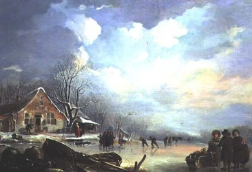 Winterlandschaft mit Hütte und Figuren
