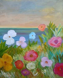Bunte Blumen mit Meeresblick