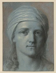 Frauenkopf, von vorn gesehen, mit Turban