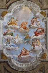 Decke der Halle mit den Bologna-Quartieren, Halle der Wachen, Este Herzogspalast, Sassuolo, Italien