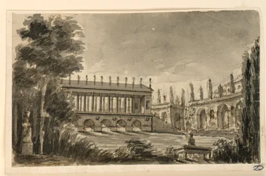 Bühnenbild, eine portikierte Brücke