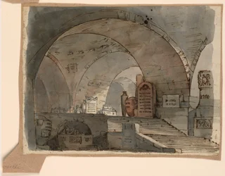 Bühnenbild, unterirdischer gewölbter Raum mit Gräbern