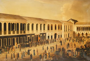 Ansicht der Hongs an der Uferpromenade von Kanton, ca. 1825