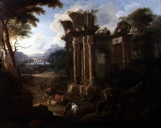 Klassische Landschaft mit einem Kuhhirten, der sein Vieh tränkt (um 1720)