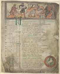 Cotton Tiberius B. V, Teil 1, f.5 Kalenderseite für Mai. Schafe hüten. Zwei Hirten mit ihrer Herde, einer hält einen Hirtenstab, und drei sitzende Figuren. Unten, Widder in einem Rundel