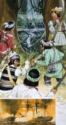 Seminolen-Indianer kämpfen gegen amerikanische Soldaten in den Sümpfen