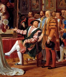 Detail des Gemäldes: Das Jahrhundert von François I.: François I., König von Frankreich, empfängt in Fontainebleau das Gemälde der Heiligen Familie, das ihm von Raffael aus Rom als Zeichen seiner Dankbarkeit geschickt wurde.