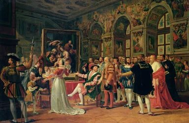 Franz I. (1494-1547) erhält ein Gemälde der Heiligen Familie von Raphael