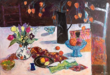 Küchenstillleben mit Lampionblumen, 2019