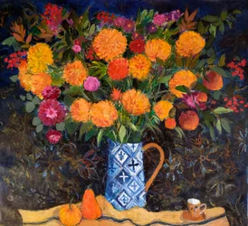 Orange Chrysanthemen auf einem Wandteppich, 2022