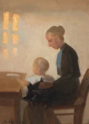 Ein Interieur mit Mutter und Kind