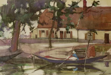 Boot auf einem Kanal, französisches Dorf