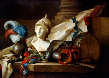 Eine Büste der Minerva mit Rüstung und Waffen auf einem Steinsims, 1777