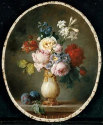 Eine Blumenvase und zwei Pflaumen auf einer Marmortischplatte, 1781