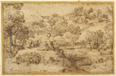 Landschaft, im Vordergrund drei Männer, die sich ausruhen, und ein schlafender Hund an einem Bach