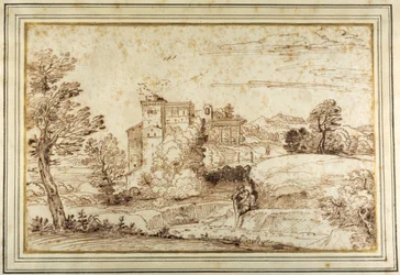 Landschaft mit einem Schloss und den Ruinen eines klassischen Portikus