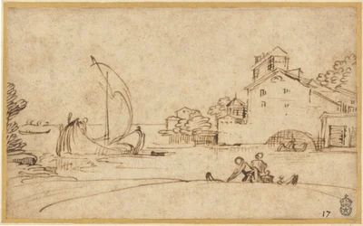 Landschaft mit Figuren an einer Mündung mit Segelbooten