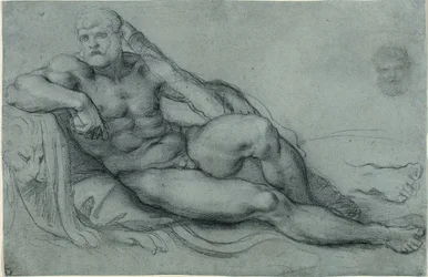 Studie von Herkules im Ruhen, mit separaten Studien seines Kopfes und Fußes (recto); Rechteckiges Gitterdesign (verso)