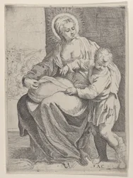 Die Jungfrau sitzt und hält ein Kissen auf ihrem Schoß mit dem jungen Christus, der rechts steht..., 1580-1600