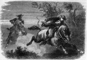 21. Juni 1791 - Jean-Baptiste Drouet und sein Freund Jean-Chrisosthome Guillaume auf dem Weg nach Varennes, um Spuren von König Ludwig XVI. zu finden - Gravur in 