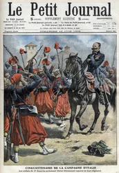 50. Jahrestag der italienischen Kampagne: die Soldaten des 3. Regiments der Zouaven jubeln König Viktor Emanuel III. (Viktor Emanuel, Vittorio Emanuele 3) zu, der nach der Schlacht von Palestro zum Korporal ihres Regiments ernannt wurde - „The Petity Journ