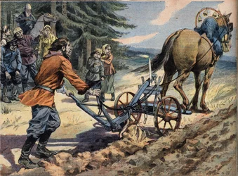 Ein russischer Bauer pflügt das Feld mit Hilfe eines Pfluges, auf dem eine Kerze liegt. Conte de Easter Gravur aus der Zeitung 