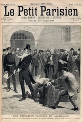 Eine Hinrichtung in Deutschland. Der Magdeburger Scharfrichter Friedrich Reindel (1824-1908) köpft den Verurteilten Klausin im Berliner Gefängnis. Stich in „Le Petit Parisien“ vom 19-04-1891. Privatsammlung.