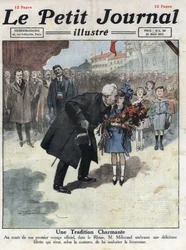 Ein kleines Mädchen bietet dem Präsidenten der Republik Alexandre Millerand während eines seiner Aufenthalte im Rhone ein Bouquet in Trikolore-Farben an. Illustration aus „Le petit journal“ vom 27.03.1921. Private Sammlung
