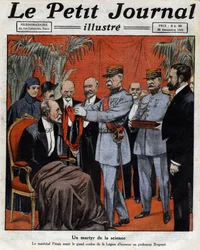 Ein Märtyrer der Wissenschaft: Marschall Philippe Petain (1856-1951) überreichte das große Band der Ehrenlegion an Professor Jean-Alban Bergonie (1857-1925), einen französischen Krebsspezialisten. Gravur. Eine der Zeitungen „Le Petit Journal illu“