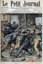Ein Polizist verletzt während antimilitaristischer Show in Aubervilliers, Titelseite der Zeitung Petiter Journal, 31. Januar