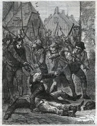 Eine Szene während der Französischen Revolution: Theobald de Dillon (1745-1792) und ein Genieoffizier namens Berthois wurden von den Soldaten und dem Volk von Lille massakriert, die sie des Verrats beschuldigten. Gravur von 1866 in 
