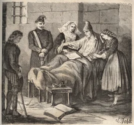 Eine Hochzeit im Rochefort-Bagne im 19. Jahrhundert. Gravur in „Histoire des bagnes depuis leur création à nos jours“ (1877) von Pierre Zaccone (1817-1895). Private Sammlung.