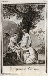 Adonis wird geboren. Gravur von 1819 in „Lettres à Emilie sur la mythologie“ von Charles Albert Demoustier (1760-1801). Private Sammlung