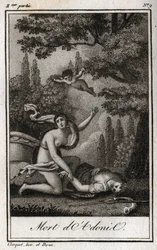 Der Tod des Adonis. Gravur von 1819 in „Lettres a Emilie sur la mythologie“ von Charles Albert Demoustier (1760-1801). Private Sammlung