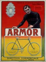 Werbeplakat für das Fahrrad „Armor“ mit Radfahrer Eugene Christophe (1885-1970), Gewinner von 3 Etappen und 2. der Gesamtwertung der Tour de France 1912: „Es ist sie, die mir den Sieg in der Tour de France 1912 ermöglichte, sd 20. Jh.