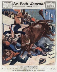 Ein Unfall während eines Stierkampfs in Salins-de-Giraud (Salins de Giraud) (Bouches du Rhone), ein Stier stürzt in die Menge und verletzt einen der Zuschauer. Illustration aus „Le petit journal“ vom 17.04.1921, private Sammlung