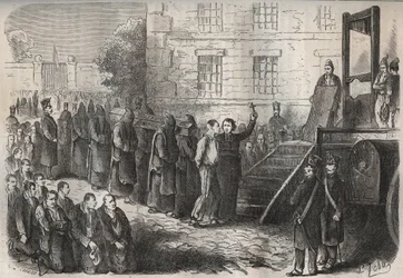 Eine Hinrichtung im Toulon-Bagne im 19. Jahrhundert. Gravur in „Histoire des bagnes depuis leur création à nos jours“ (1877) von Pierre Zaccone (1817-1895). Private Sammlung.
