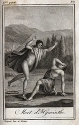 Apollo und Hyacinthos (Tod von Hyacinthos). Gravur von 1819 in „Lettres à Emilie sur la mythologie“ von Charles Albert Demoustier (1760-1801). Private Sammlung.