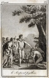 Apollo und die Python-Schlange auf dem Berg Parnassus. Gravur von 1819 in „Lettres à Emilie sur la mythologie“ von Charles Albert Demoustier (1760-1801). Private Sammlung.